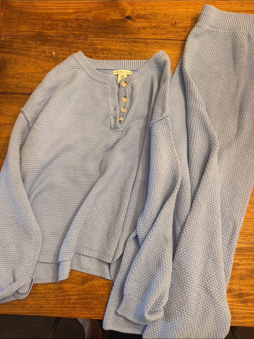 Sincerely Jules Light Blue Waffle-Knit Henley Crew Sweater